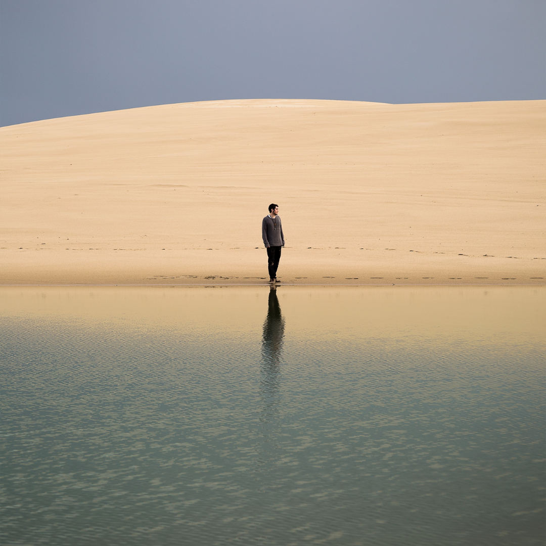 Man standing at edge of water with his reflection